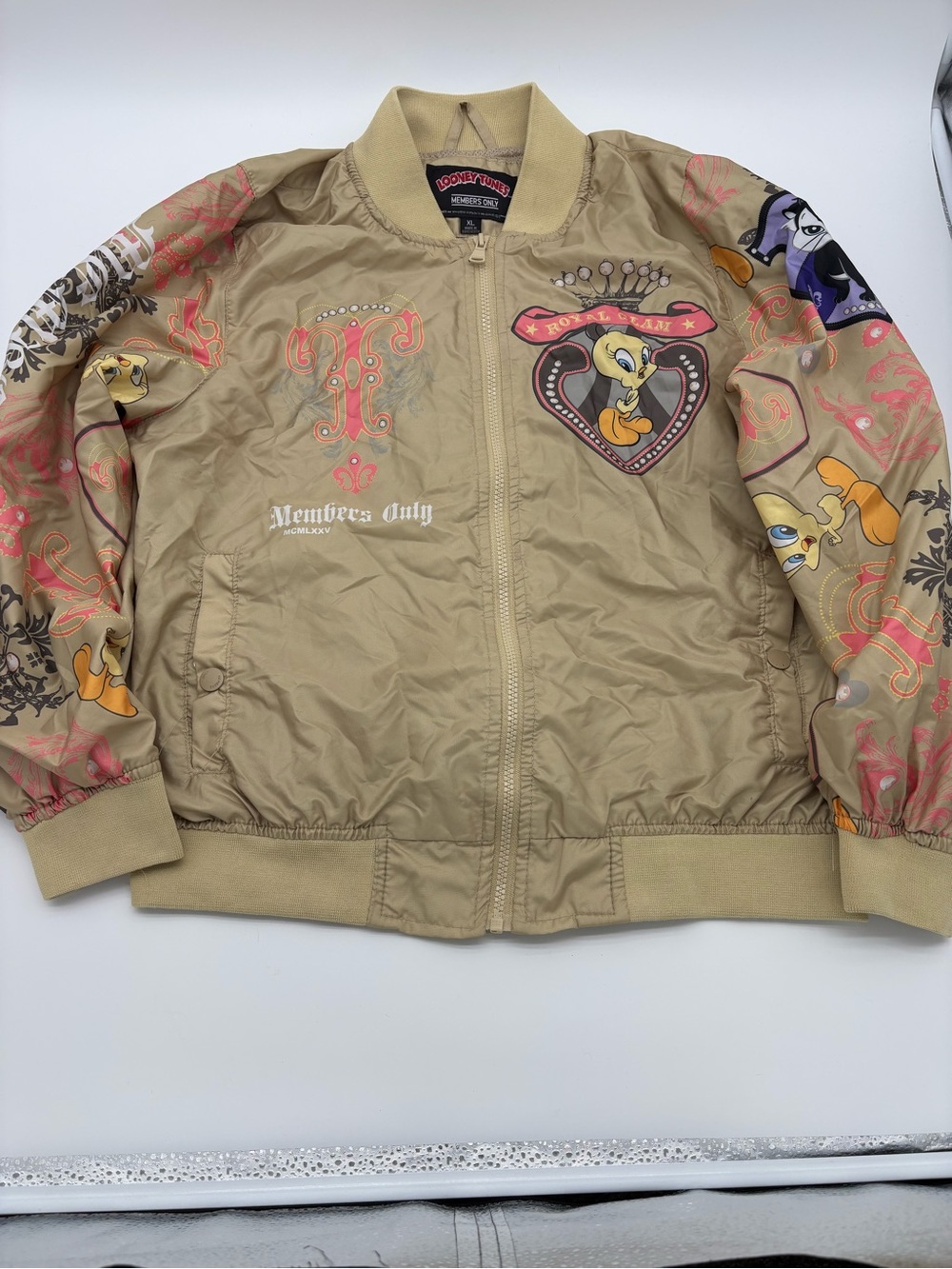 Members Only Tan Tweety Graphic Bomber Jacket